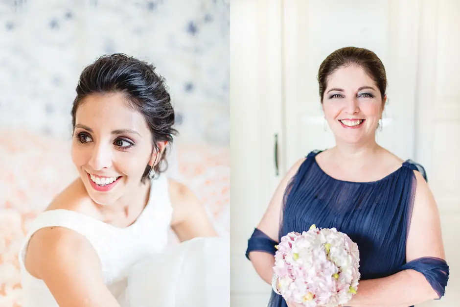 helle Hochzeit Portraitfotos von Braut und Mutter vor der Trauung